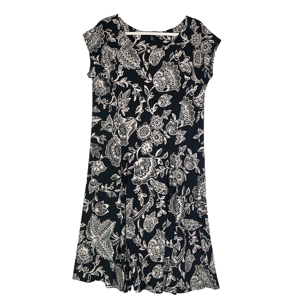 Lauren Ralph Lauren A-Line Floral Black Dress Short Sleeve Lined Stretch XL